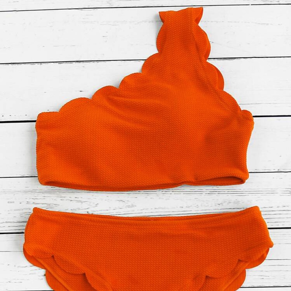Scalloped Trim One Shoulder Bikini